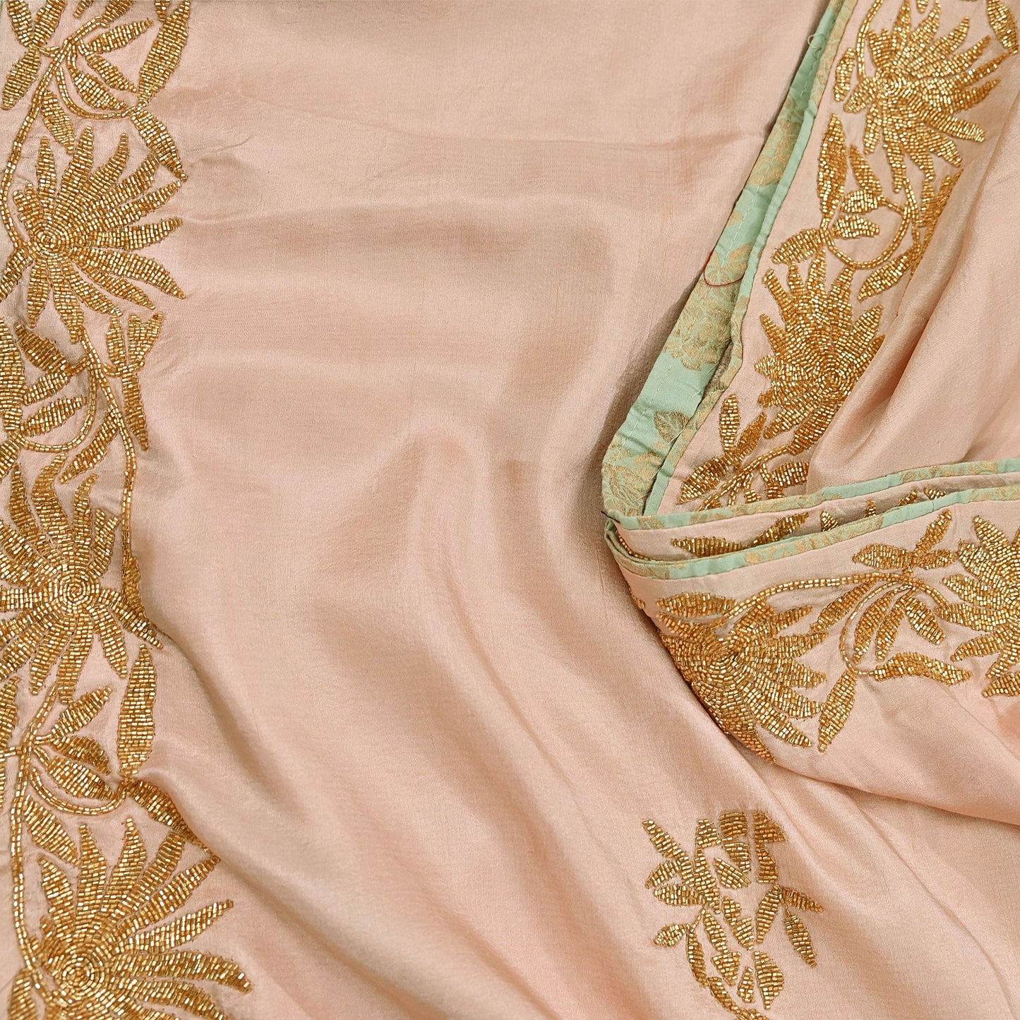 Rare Vintage Peach Pure Silk Saree Hand Embroidered Fabric 5.5 Yards Sari Bollywood Party Wear Ethnic Designer Saree