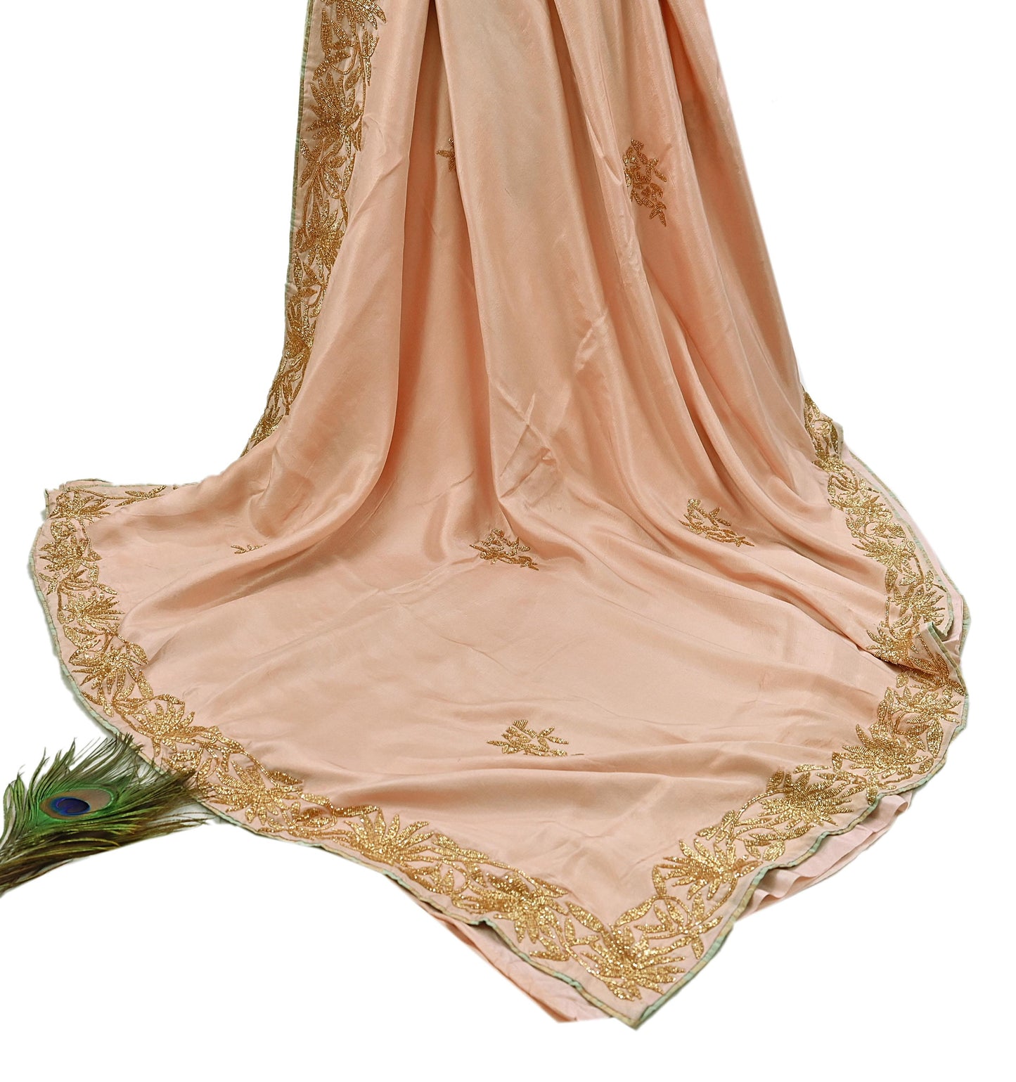 Rare Vintage Peach Pure Silk Saree Hand Embroidered Fabric 5.5 Yards Sari Bollywood Party Wear Ethnic Designer Saree