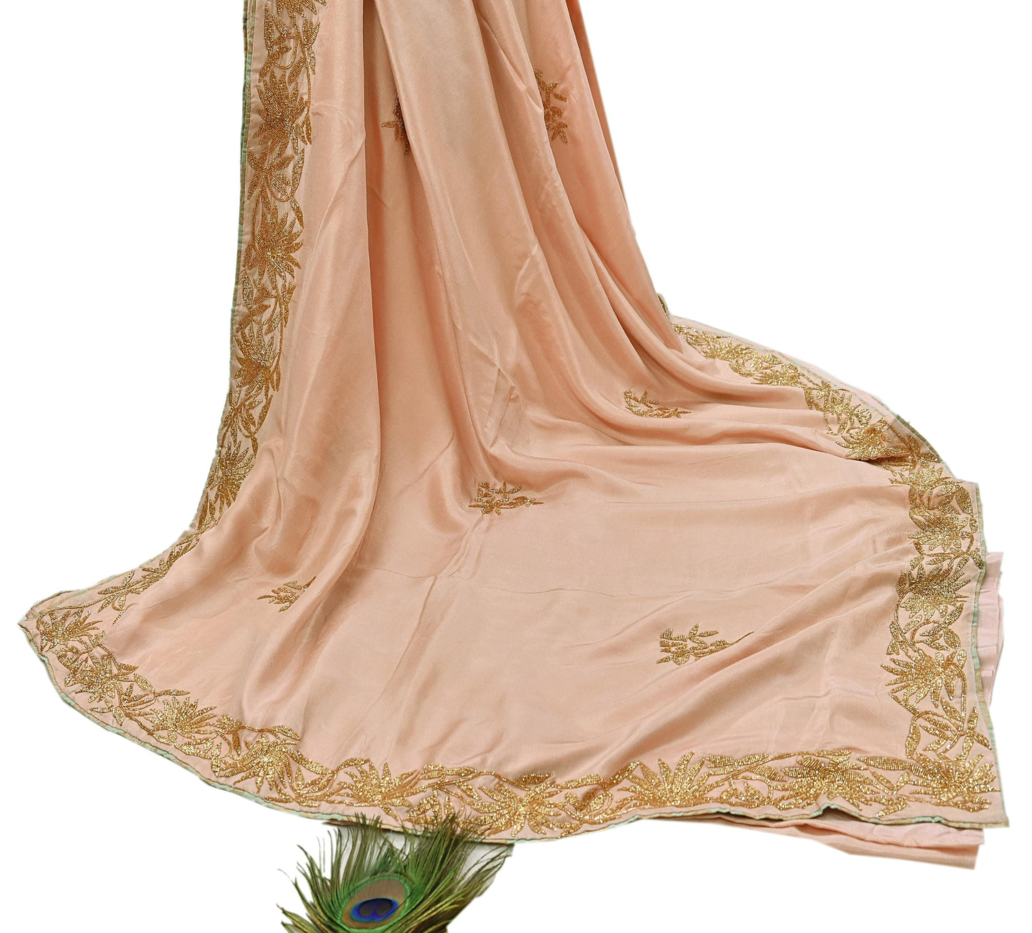 Rare Vintage Peach Pure Silk Saree Hand Embroidered Fabric 5.5 Yards Sari Bollywood Party Wear Ethnic Designer Saree