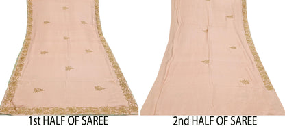Rare Vintage Peach Pure Silk Saree Hand Embroidered Fabric 5.5 Yards Sari Bollywood Party Wear Ethnic Designer Saree