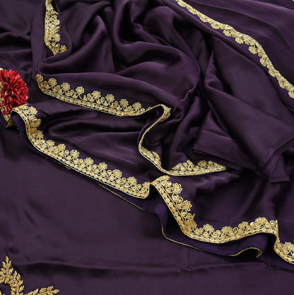 Rare Vintage Purple Pure Satin Silk Saree Hand Embroidered Fabric 6 Yards Sari Bollywood Party Wear Ethnic Designer Saree