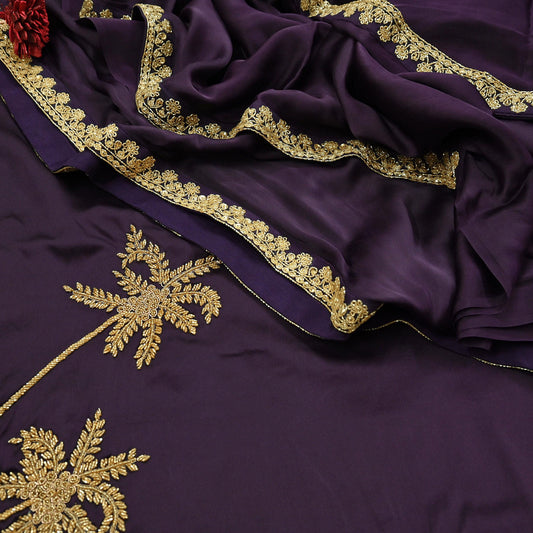 Rare Vintage Purple Pure Satin Silk Saree Hand Embroidered Fabric 6 Yards Sari Bollywood Party Wear Ethnic Designer Saree
