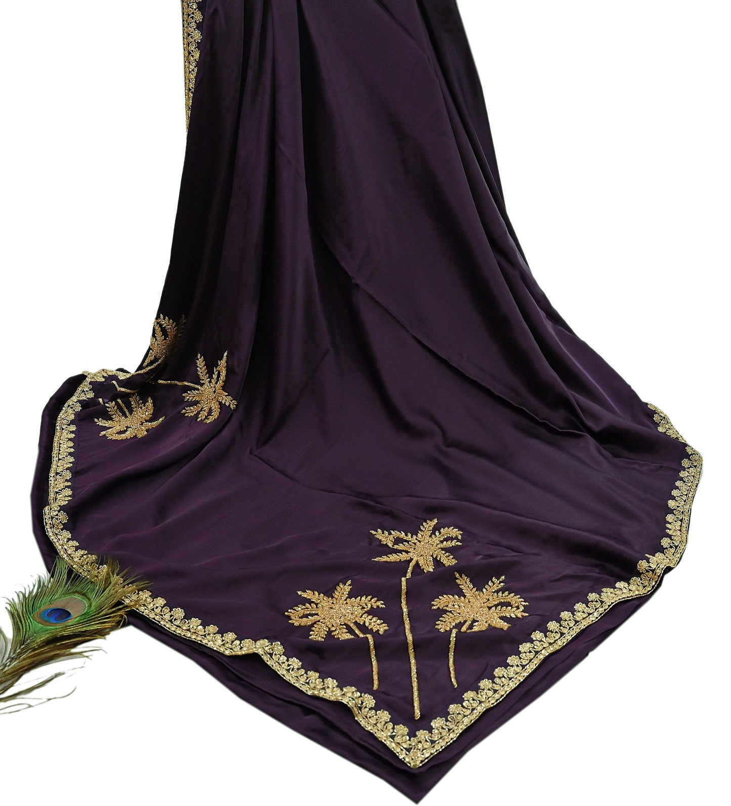 Rare Vintage Purple Pure Satin Silk Saree Hand Embroidered Fabric 6 Yards Sari Bollywood Party Wear Ethnic Designer Saree
