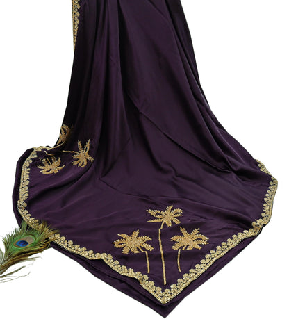 Rare Vintage Purple Pure Satin Silk Saree Hand Embroidered Fabric 6 Yards Sari Bollywood Party Wear Ethnic Designer Saree