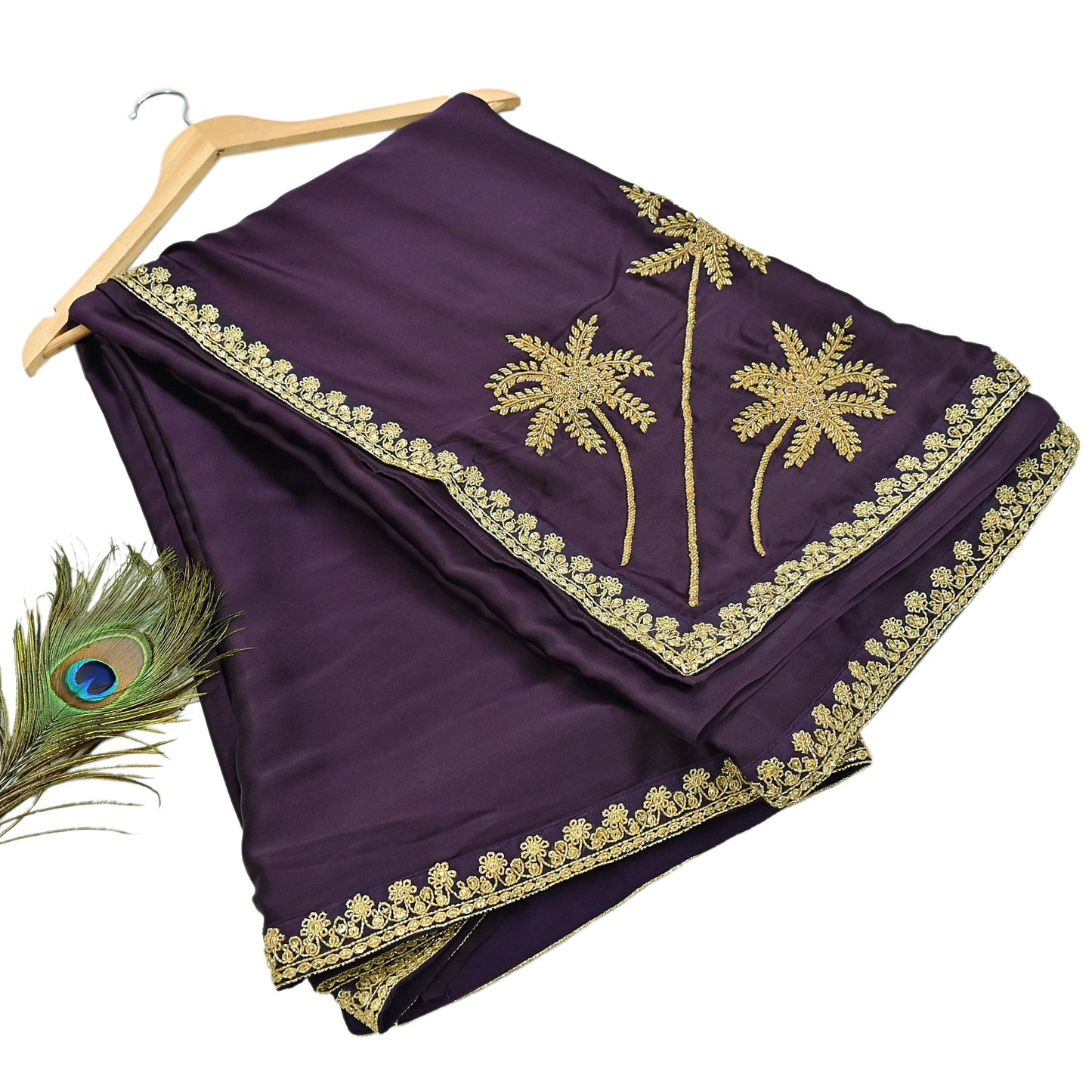 Rare Vintage Purple Pure Satin Silk Saree Hand Embroidered Fabric 6 Yards Sari Bollywood Party Wear Ethnic Designer Saree
