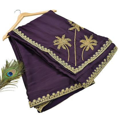 Rare Vintage Purple Pure Satin Silk Saree Hand Embroidered Fabric 6 Yards Sari Bollywood Party Wear Ethnic Designer Saree