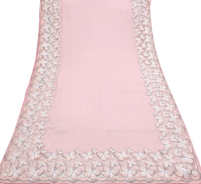 Rare Vintage Pink Blend Georgette Saree Hand Embroidered Fabric 6 Yard Sari Bollywood Party Wear Ethnic Saree with Blouse Fabric