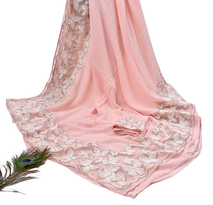 Rare Vintage Pink Blend Georgette Saree Hand Embroidered Fabric 6 Yard Sari Bollywood Party Wear Ethnic Saree with Blouse Fabric