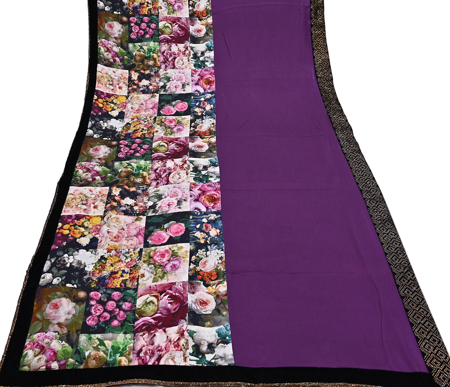 Rare Vintage Purple Pure Satin Silk Saree Hand Embroidered Fabric 6 Yards Sari Bollywood Party Wear Ethnic Designer Saree