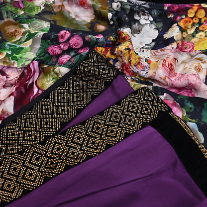 Rare Vintage Purple Pure Satin Silk Saree Hand Embroidered Fabric 6 Yards Sari Bollywood Party Wear Ethnic Designer Saree