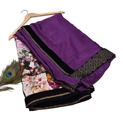 Rare Vintage Purple Pure Satin Silk Saree Hand Embroidered Fabric 6 Yards Sari Bollywood Party Wear Ethnic Designer Saree