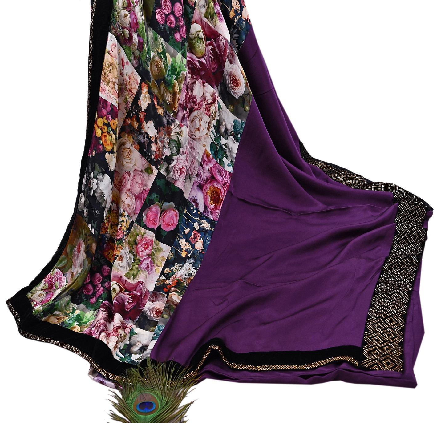Rare Vintage Purple Pure Satin Silk Saree Hand Embroidered Fabric 6 Yards Sari Bollywood Party Wear Ethnic Designer Saree