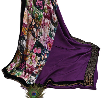 Rare Vintage Purple Pure Satin Silk Saree Hand Embroidered Fabric 6 Yards Sari Bollywood Party Wear Ethnic Designer Saree