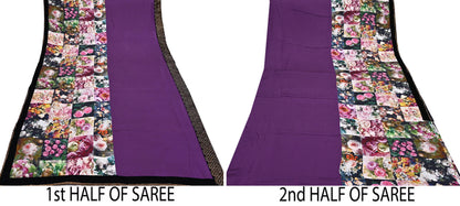 Rare Vintage Purple Pure Satin Silk Saree Hand Embroidered Fabric 6 Yards Sari Bollywood Party Wear Ethnic Designer Saree