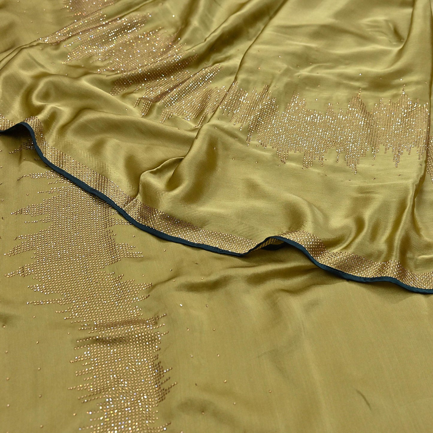 Rare Vintage Henna Green Pure Satin Silk Saree Hand Embroidered Fabric 6 Yards Sari Bollywood Party Wear Ethnic Designer Saree