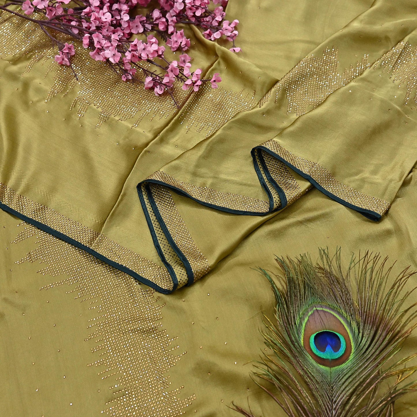 Rare Vintage Henna Green Pure Satin Silk Saree Hand Embroidered Fabric 6 Yards Sari Bollywood Party Wear Ethnic Designer Saree