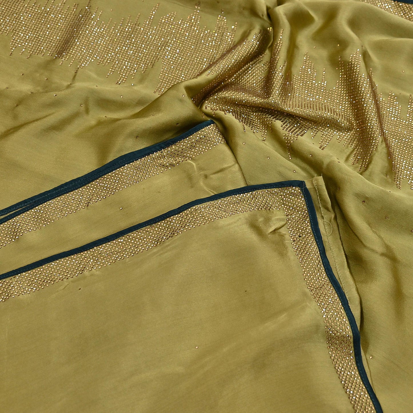 Rare Vintage Henna Green Pure Satin Silk Saree Hand Embroidered Fabric 6 Yards Sari Bollywood Party Wear Ethnic Designer Saree