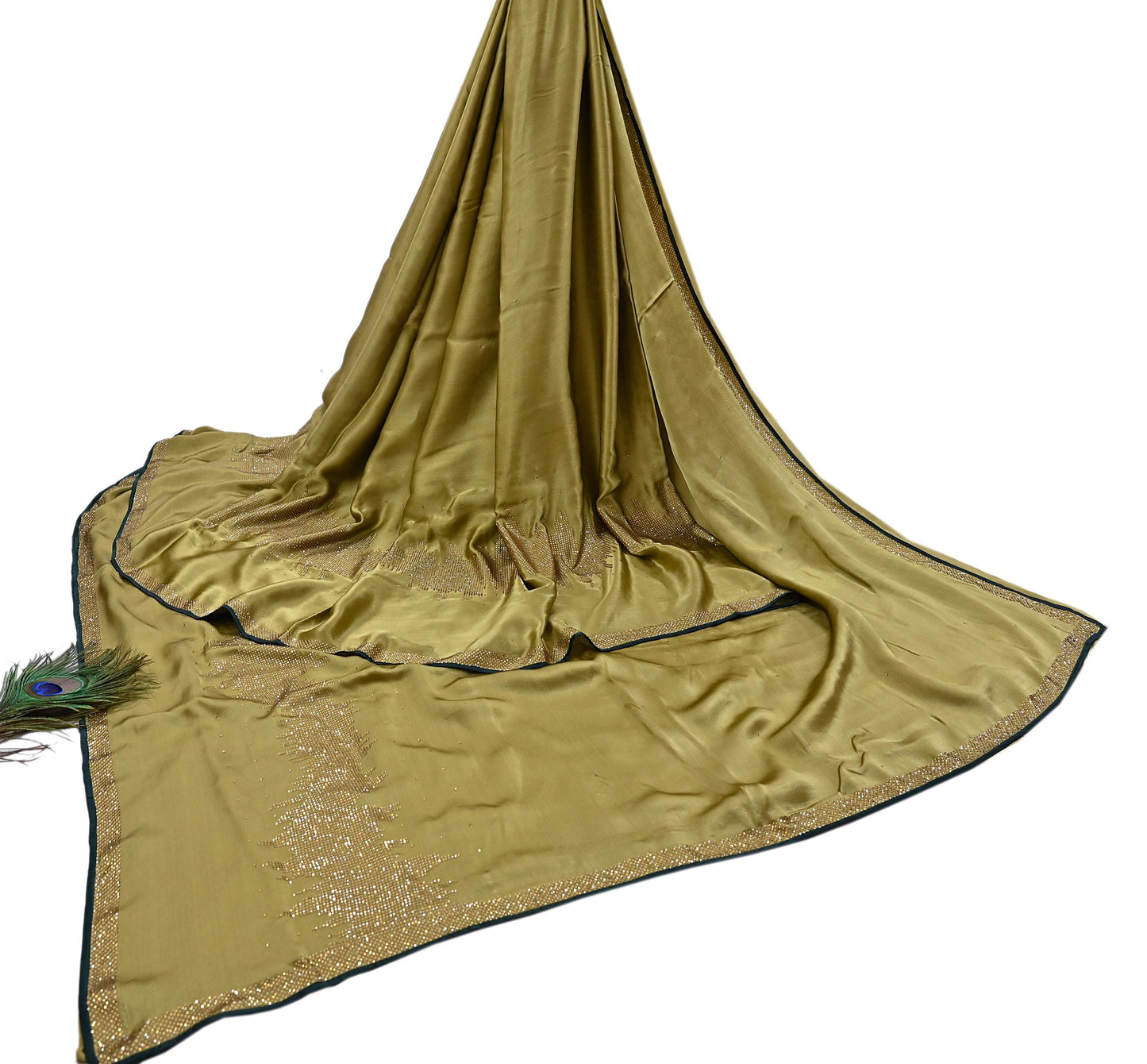 Rare Vintage Henna Green Pure Satin Silk Saree Hand Embroidered Fabric 6 Yards Sari Bollywood Party Wear Ethnic Designer Saree