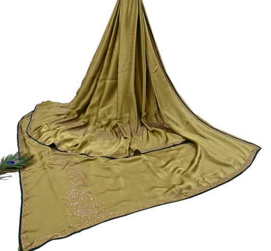 Rare Vintage Henna Green Pure Satin Silk Saree Hand Embroidered Fabric 6 Yards Sari Bollywood Party Wear Ethnic Designer Saree