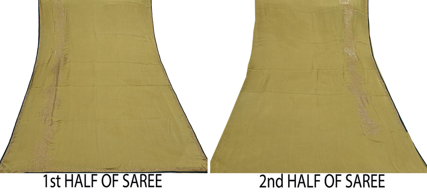 Rare Vintage Henna Green Pure Satin Silk Saree Hand Embroidered Fabric 6 Yards Sari Bollywood Party Wear Ethnic Designer Saree