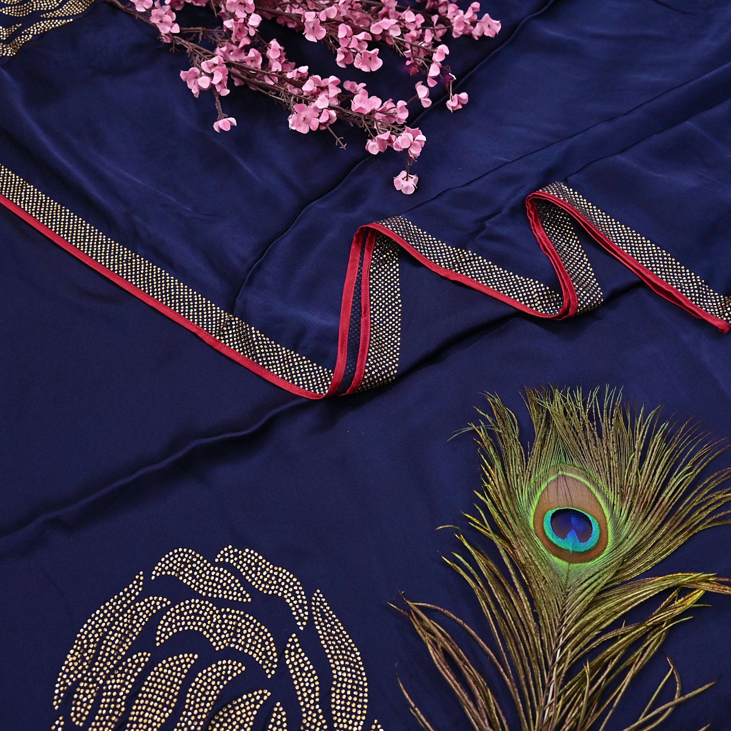 Rare Vintage Blue Pure Satin Silk Saree Hand Embroidered Fabric 6 Yards Sari Bollywood Party Wear Ethnic Designer Saree