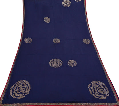 Rare Vintage Blue Pure Satin Silk Saree Hand Embroidered Fabric 6 Yards Sari Bollywood Party Wear Ethnic Designer Saree