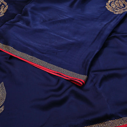 Rare Vintage Blue Pure Satin Silk Saree Hand Embroidered Fabric 6 Yards Sari Bollywood Party Wear Ethnic Designer Saree