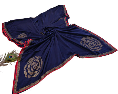 Rare Vintage Blue Pure Satin Silk Saree Hand Embroidered Fabric 6 Yards Sari Bollywood Party Wear Ethnic Designer Saree