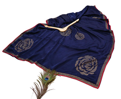 Rare Vintage Blue Pure Satin Silk Saree Hand Embroidered Fabric 6 Yards Sari Bollywood Party Wear Ethnic Designer Saree