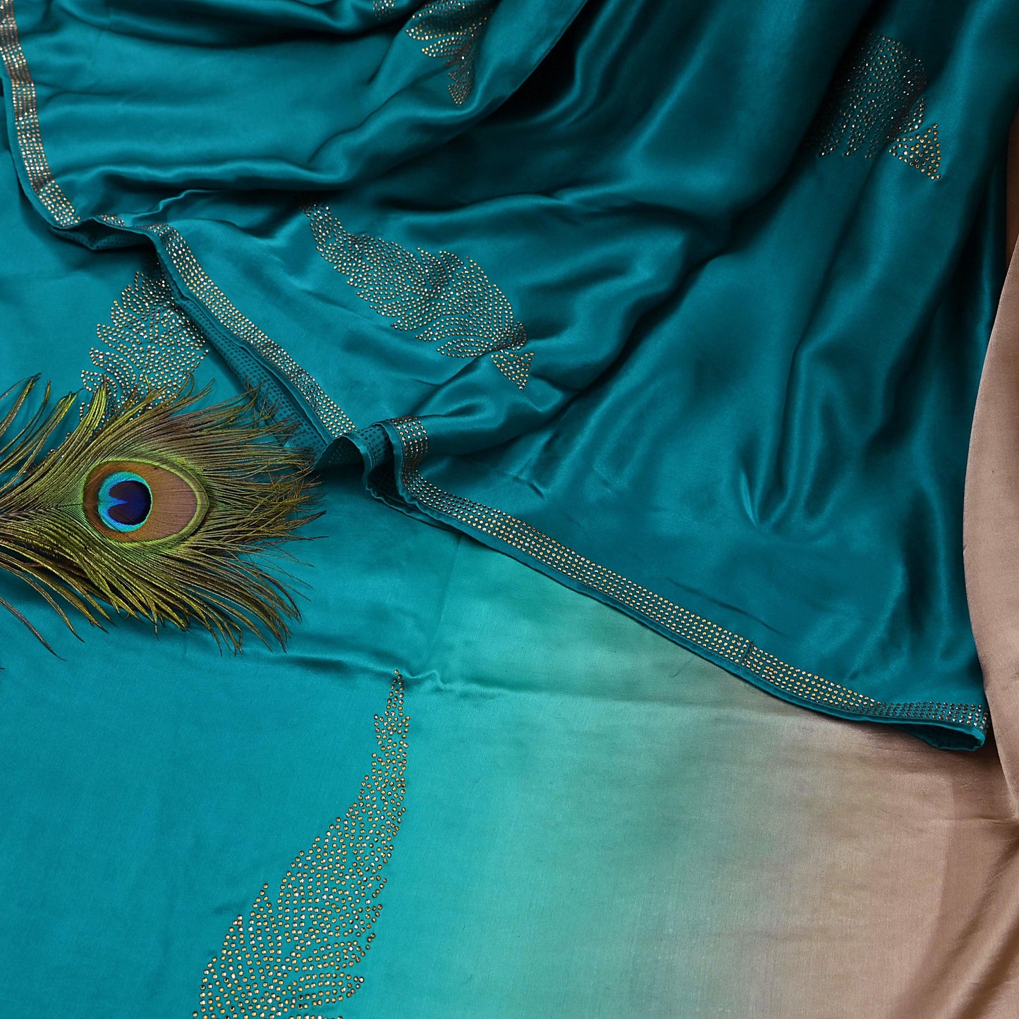 Rare Vintage Golden & Green Pure Satin Silk Saree Hand Embroidered Fabric 6 Yards Sari Bollywood Party Wear Ethnic Designer Saree