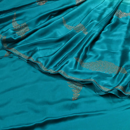 Rare Vintage Golden & Green Pure Satin Silk Saree Hand Embroidered Fabric 6 Yards Sari Bollywood Party Wear Ethnic Designer Saree