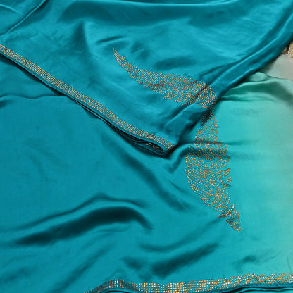 Rare Vintage Golden & Green Pure Satin Silk Saree Hand Embroidered Fabric 6 Yards Sari Bollywood Party Wear Ethnic Designer Saree