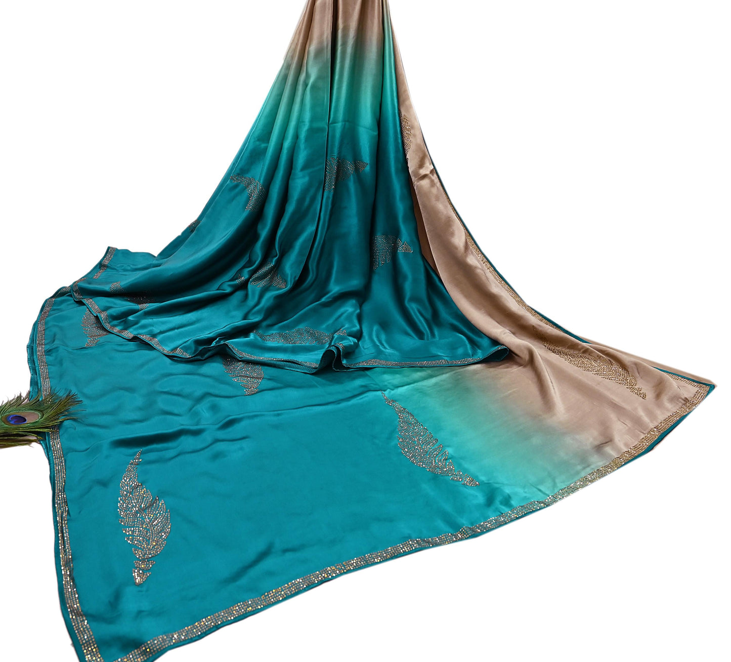 Rare Vintage Golden & Green Pure Satin Silk Saree Hand Embroidered Fabric 6 Yards Sari Bollywood Party Wear Ethnic Designer Saree