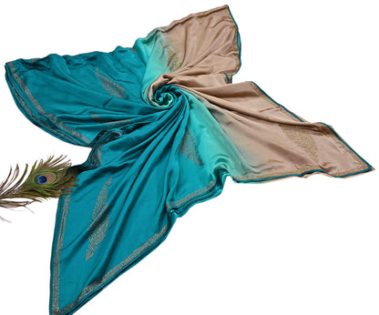 Rare Vintage Golden & Green Pure Satin Silk Saree Hand Embroidered Fabric 6 Yards Sari Bollywood Party Wear Ethnic Designer Saree