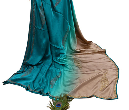 Rare Vintage Golden & Green Pure Satin Silk Saree Hand Embroidered Fabric 6 Yards Sari Bollywood Party Wear Ethnic Designer Saree