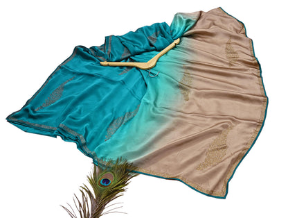 Rare Vintage Golden & Green Pure Satin Silk Saree Hand Embroidered Fabric 6 Yards Sari Bollywood Party Wear Ethnic Designer Saree