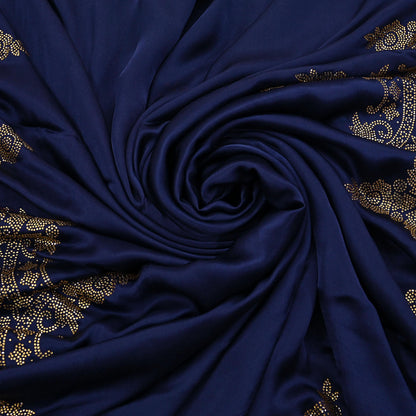 Rare Vintage Blue Pure Satin Silk Saree Hand Embroidered Fabric 6 Yards Sari Bollywood Party Wear Ethnic Saree with padded Blouse size 38"