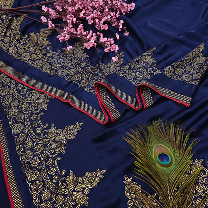Rare Vintage Blue Pure Satin Silk Saree Hand Embroidered Fabric 6 Yards Sari Bollywood Party Wear Ethnic Saree with padded Blouse size 38"