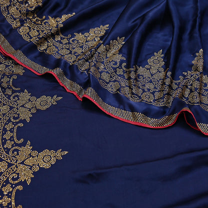 Rare Vintage Blue Pure Satin Silk Saree Hand Embroidered Fabric 6 Yards Sari Bollywood Party Wear Ethnic Saree with padded Blouse size 38"