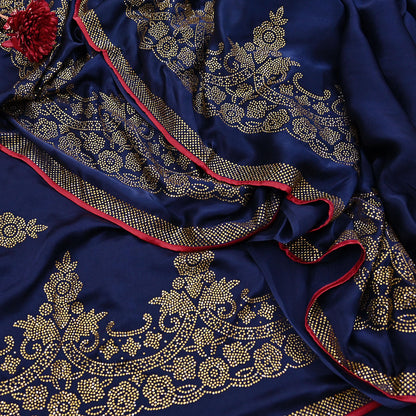 Rare Vintage Blue Pure Satin Silk Saree Hand Embroidered Fabric 6 Yards Sari Bollywood Party Wear Ethnic Saree with padded Blouse size 38"