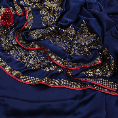 Rare Vintage Blue Pure Satin Silk Saree Hand Embroidered Fabric 6 Yards Sari Bollywood Party Wear Ethnic Saree with padded Blouse size 38"