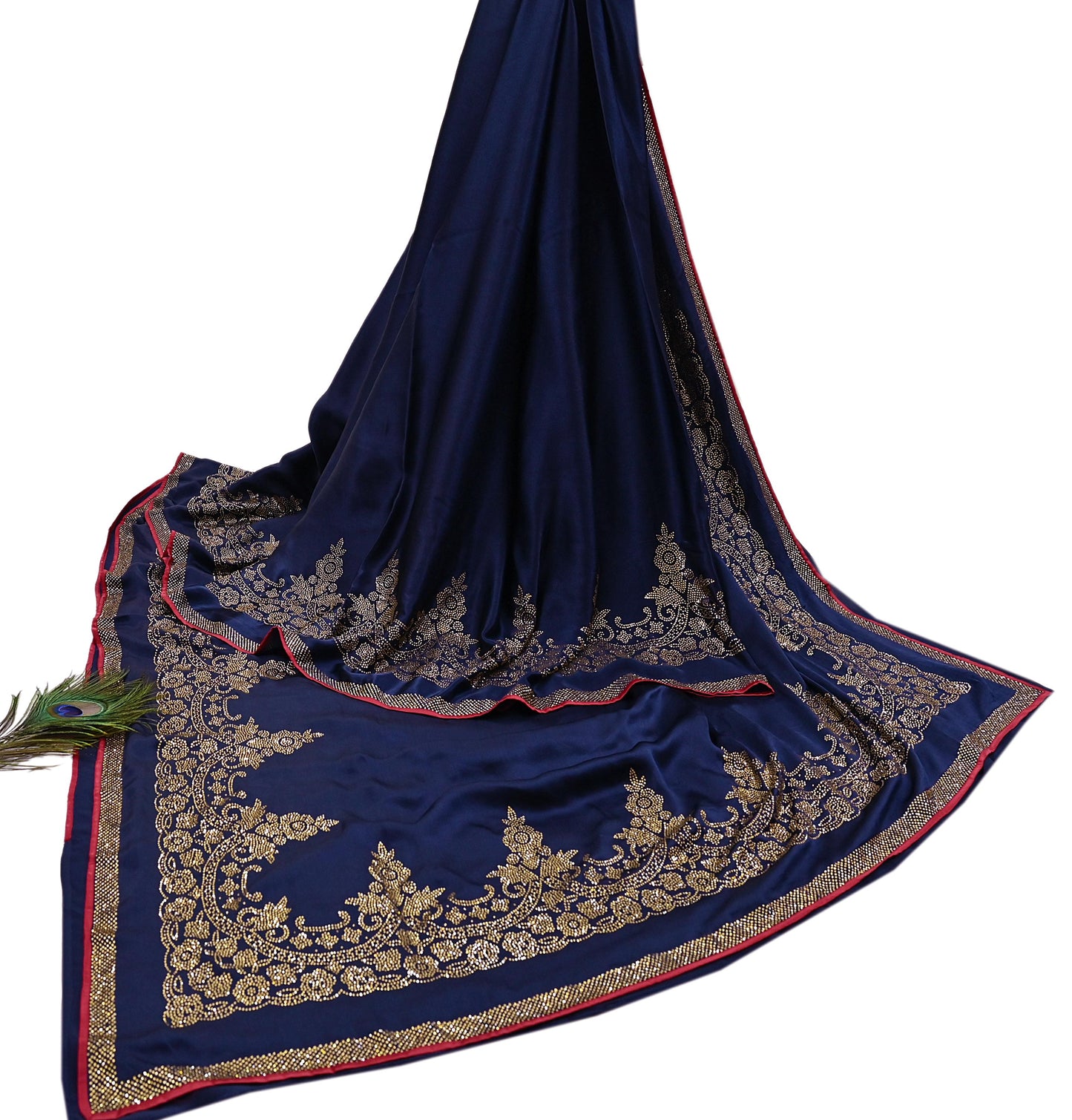 Rare Vintage Blue Pure Satin Silk Saree Hand Embroidered Fabric 6 Yards Sari Bollywood Party Wear Ethnic Saree with padded Blouse size 38"