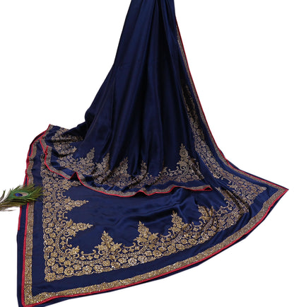 Rare Vintage Blue Pure Satin Silk Saree Hand Embroidered Fabric 6 Yards Sari Bollywood Party Wear Ethnic Saree with padded Blouse size 38"