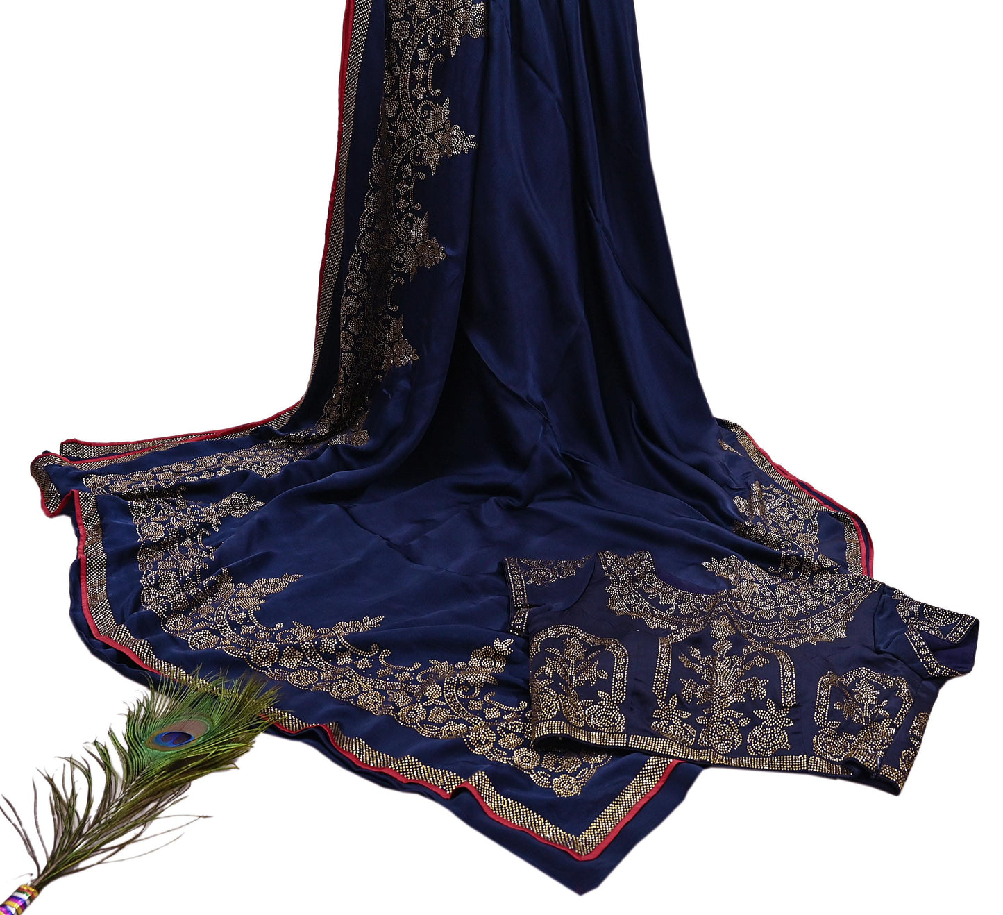 Rare Vintage Blue Pure Satin Silk Saree Hand Embroidered Fabric 6 Yards Sari Bollywood Party Wear Ethnic Saree with padded Blouse size 38"