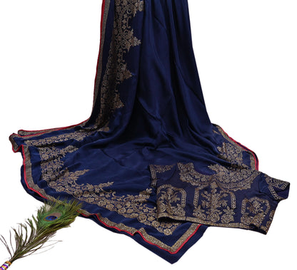 Rare Vintage Blue Pure Satin Silk Saree Hand Embroidered Fabric 6 Yards Sari Bollywood Party Wear Ethnic Saree with padded Blouse size 38"