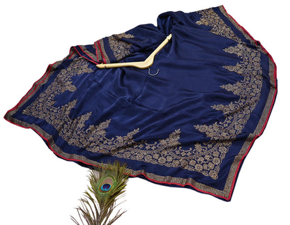 Rare Vintage Blue Pure Satin Silk Saree Hand Embroidered Fabric 6 Yards Sari Bollywood Party Wear Ethnic Saree with padded Blouse size 38"