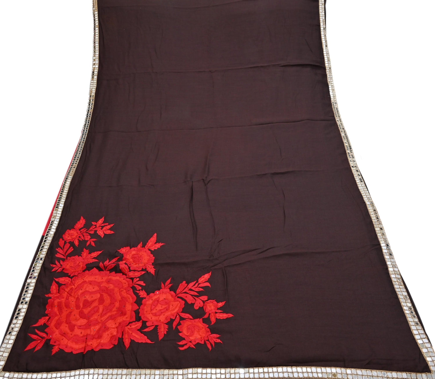 Indian Rare Vintage Zardozi Sarees Brown Pure Silk Hand Embroidered Sari Fabric 5.5 Yards Sewing Ethnic Mirror