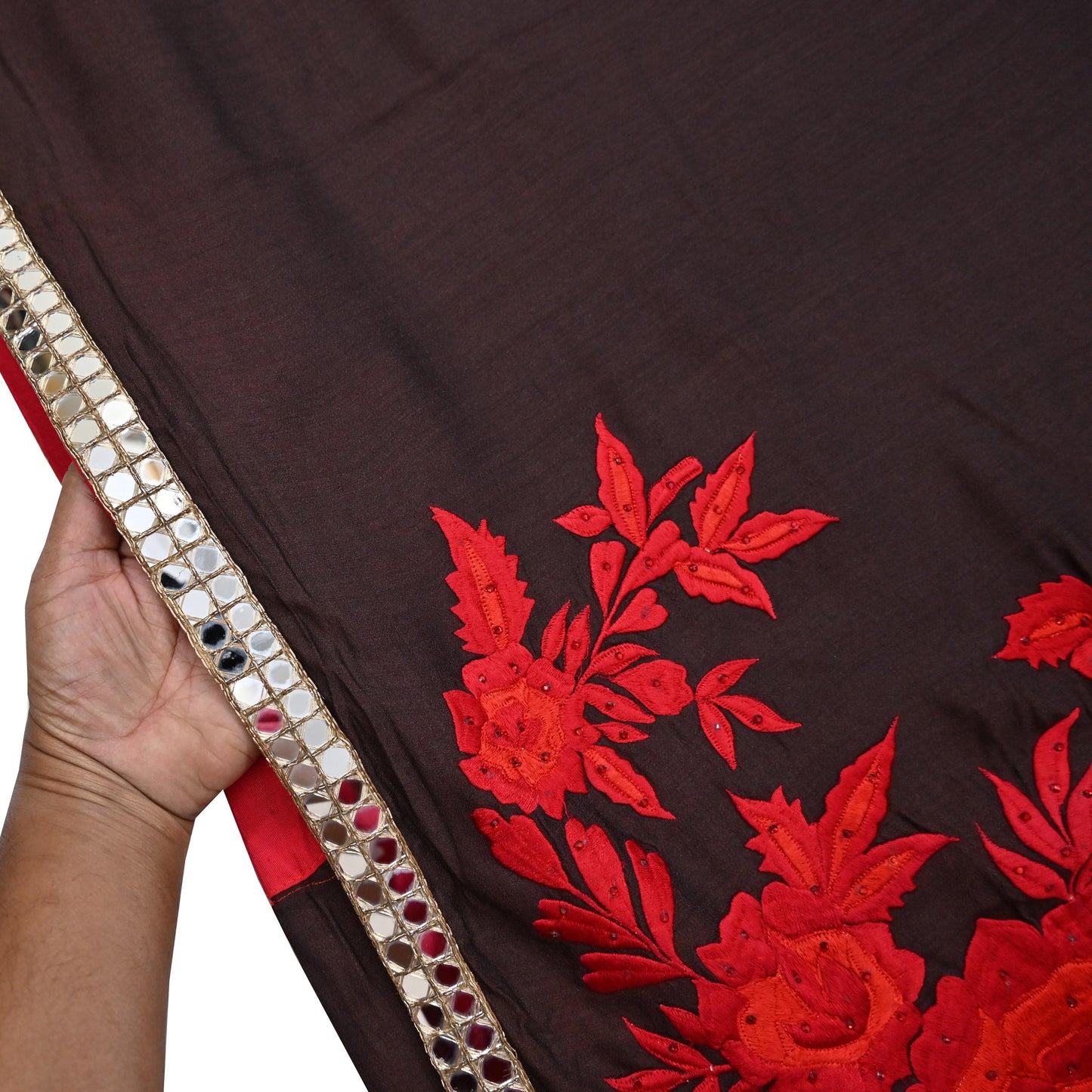 Indian Rare Vintage Zardozi Sarees Brown Pure Silk Hand Embroidered Sari Fabric 5.5 Yards Sewing Ethnic Mirror