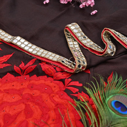 Indian Rare Vintage Zardozi Sarees Brown Pure Silk Hand Embroidered Sari Fabric 5.5 Yards Sewing Ethnic Mirror