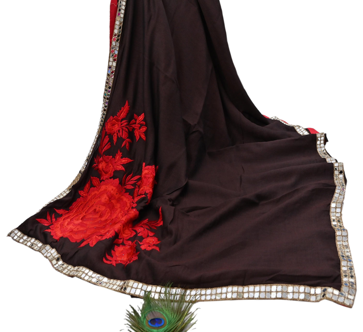Indian Rare Vintage Zardozi Sarees Brown Pure Silk Hand Embroidered Sari Fabric 5.5 Yards Sewing Ethnic Mirror